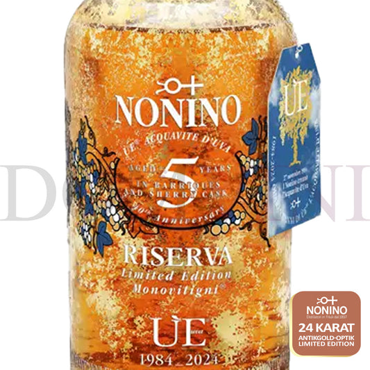 ÙE® Monovitigni® Riserva 5 Jahre Barrique "40th Anniversary" Limited Edition 24K Antikgold-Optik, 43% vol. 0,7l (Nur 1450 Flaschen Weltweit)