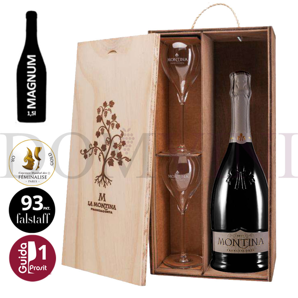 La Montina Franciacorta Brut DOCG - Magnumflasche 1,5l + 2 Gläser + OHK (Geschenkbox)