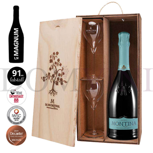 La Montina Franciacorta Satèn DOCG - Magnumflasche 1,5l + 2 Gläser + OHK (Geschenkbox)