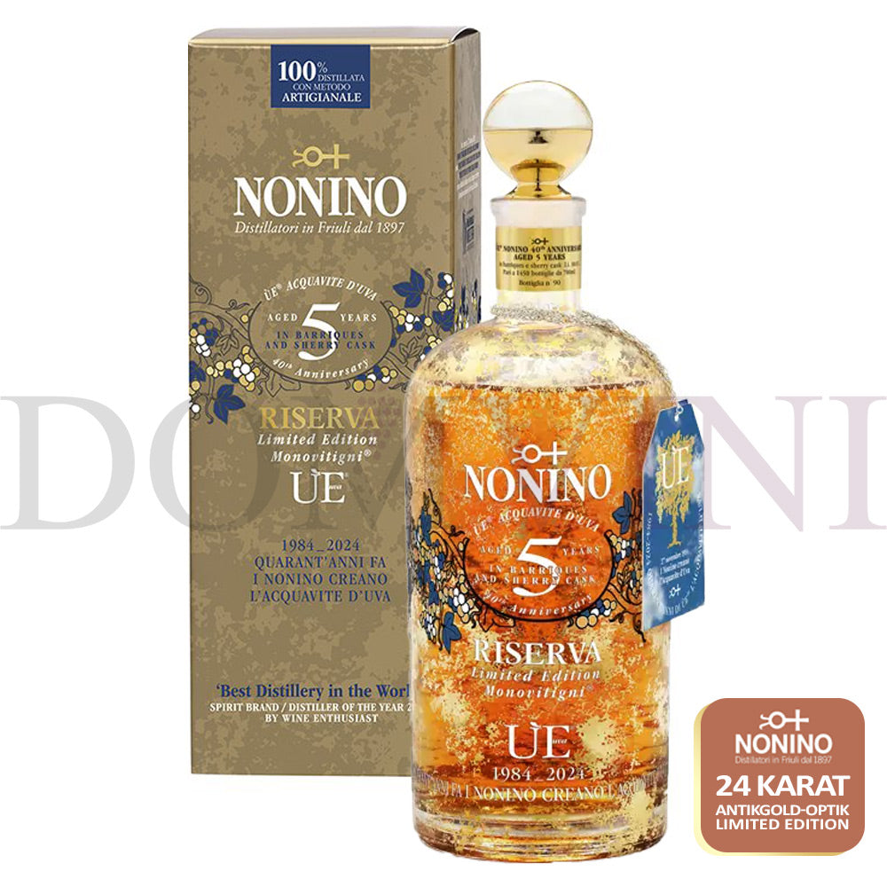 ÙE® Monovitigni® Riserva 5 Jahre Barrique "40th Anniversary" Limited Edition 24K Antikgold-Optik, 43% vol. 0,7l (Nur 1450 Flaschen Weltweit)