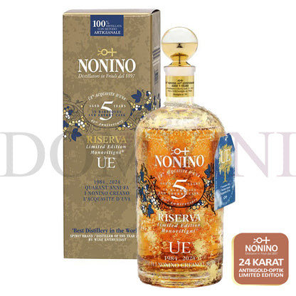 ÙE® Monovitigni® Riserva 5 Jahre Barrique "40th Anniversary" Limited Edition 24K Antikgold-Optik, 43% vol. 0,7l (Nur 1450 Flaschen Weltweit)